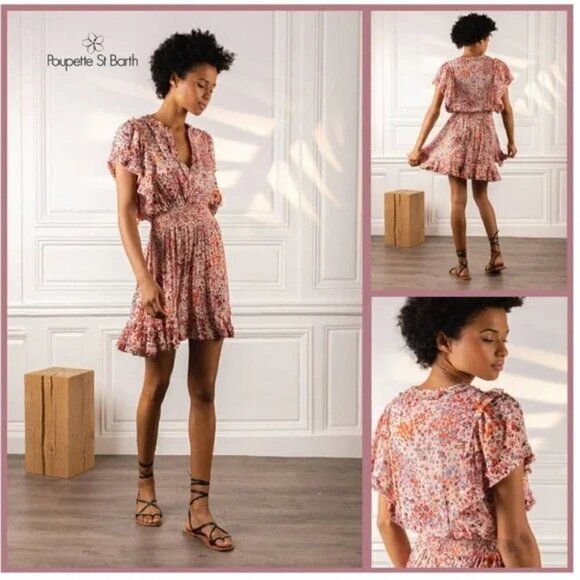New Poupette St. Barth Amber Ruffled Silk Crepe Pink Murrina Mini Dress  NWT XS - Picture 1 of 17